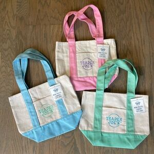 Set of 3 Trader Joe's mini SPRING Pastel Canvas Tote Bags: Pink, Blue, Green NWT